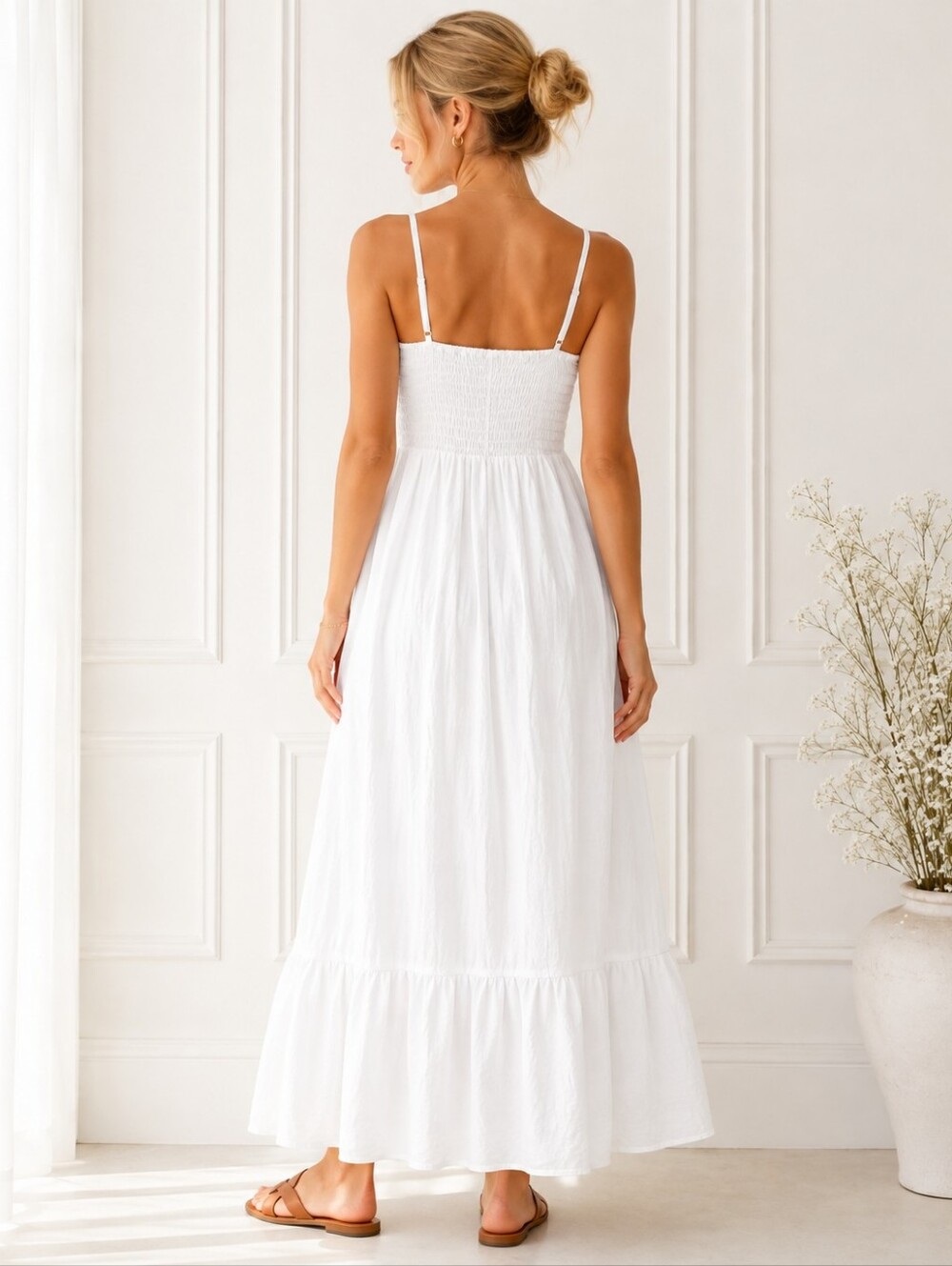 AUW White Smocked Maxi Dress Size M | Cottagecore Boho Lined Summer Sundress - Picture 2 of 10